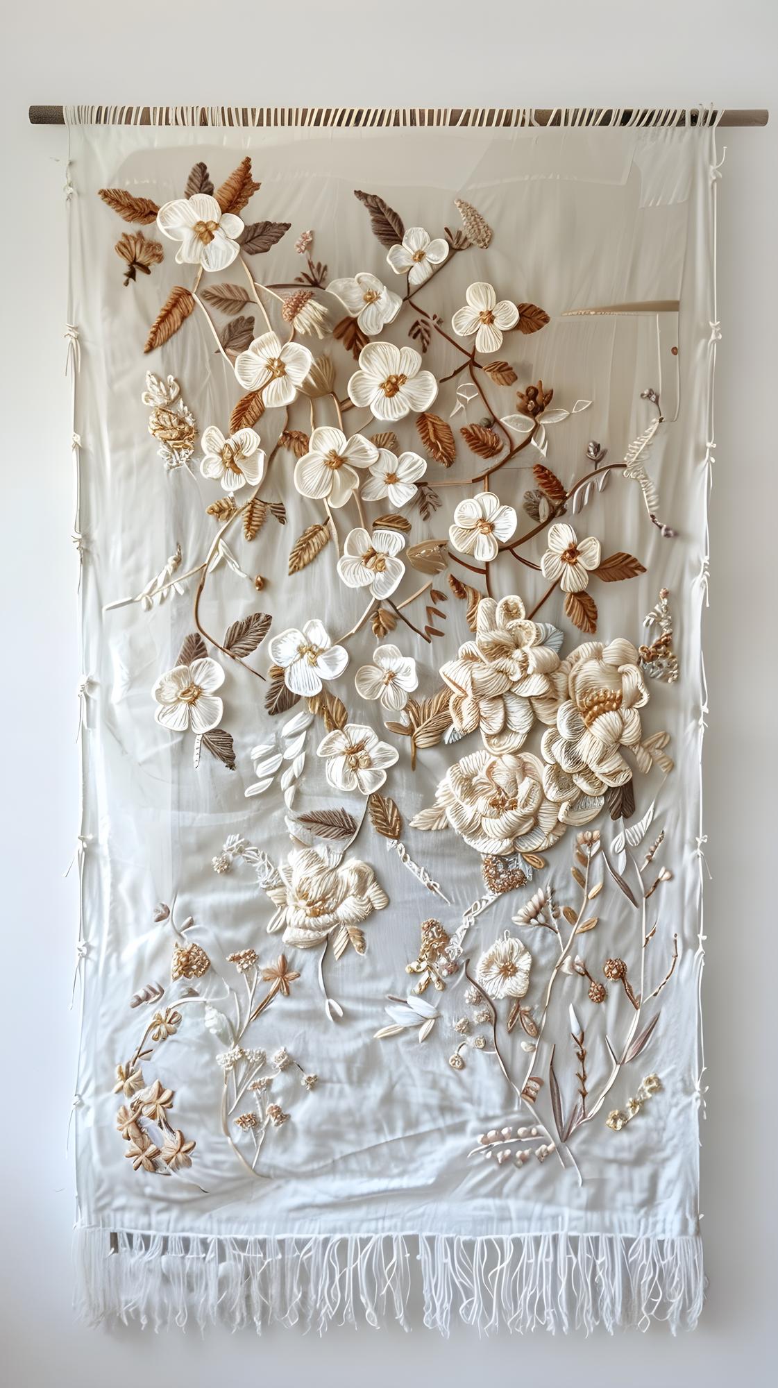 Large embroidered linen wall hanging with floral motif